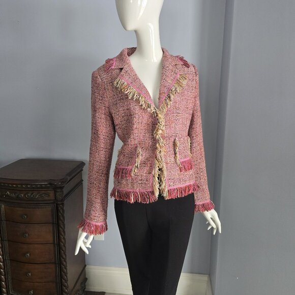 Anne Carson Pink Tweed Fringe Jacket - Silk Blend Boucle Blazer - Picture 1 of 4